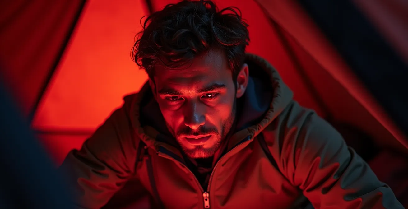 Escursionista consulta mappa con luce rossa all'interno della tenda