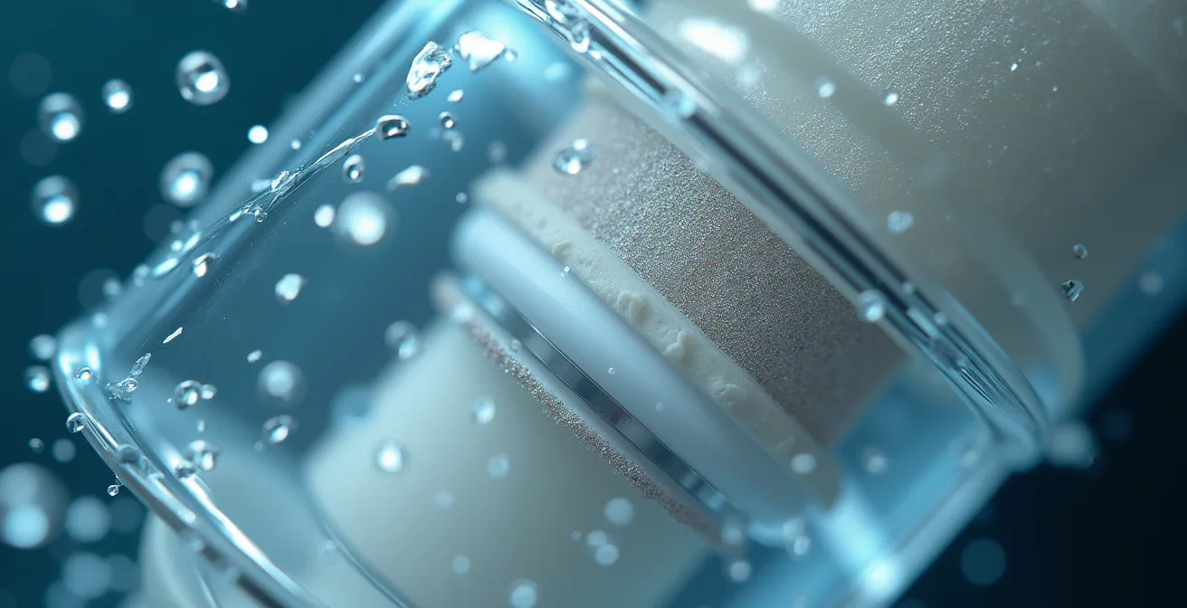 Dettaglio macro di un filtro a sedimenti installato sul tubo di carico acqua del camper