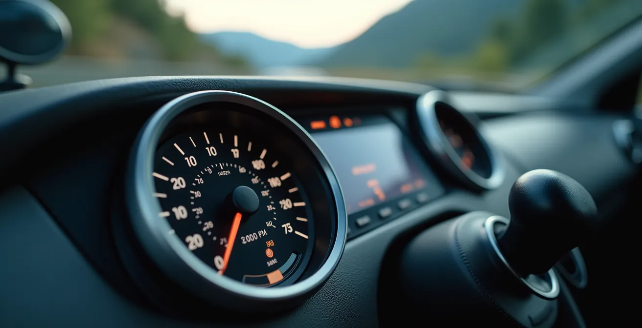 Vista ravvicinata del cruscotto di un camper in discesa con contagiri evidenziato