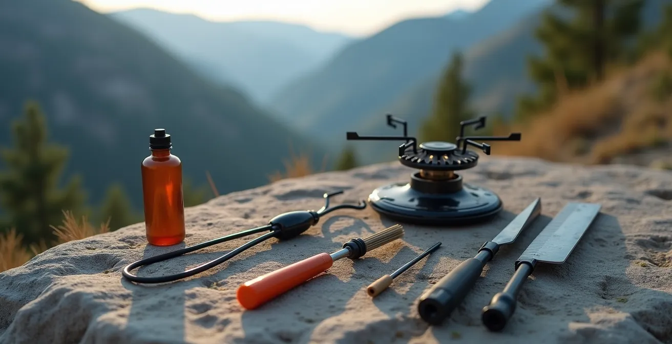 Kit di manutenzione per fornello multicombustibile disposto su superficie rocciosa