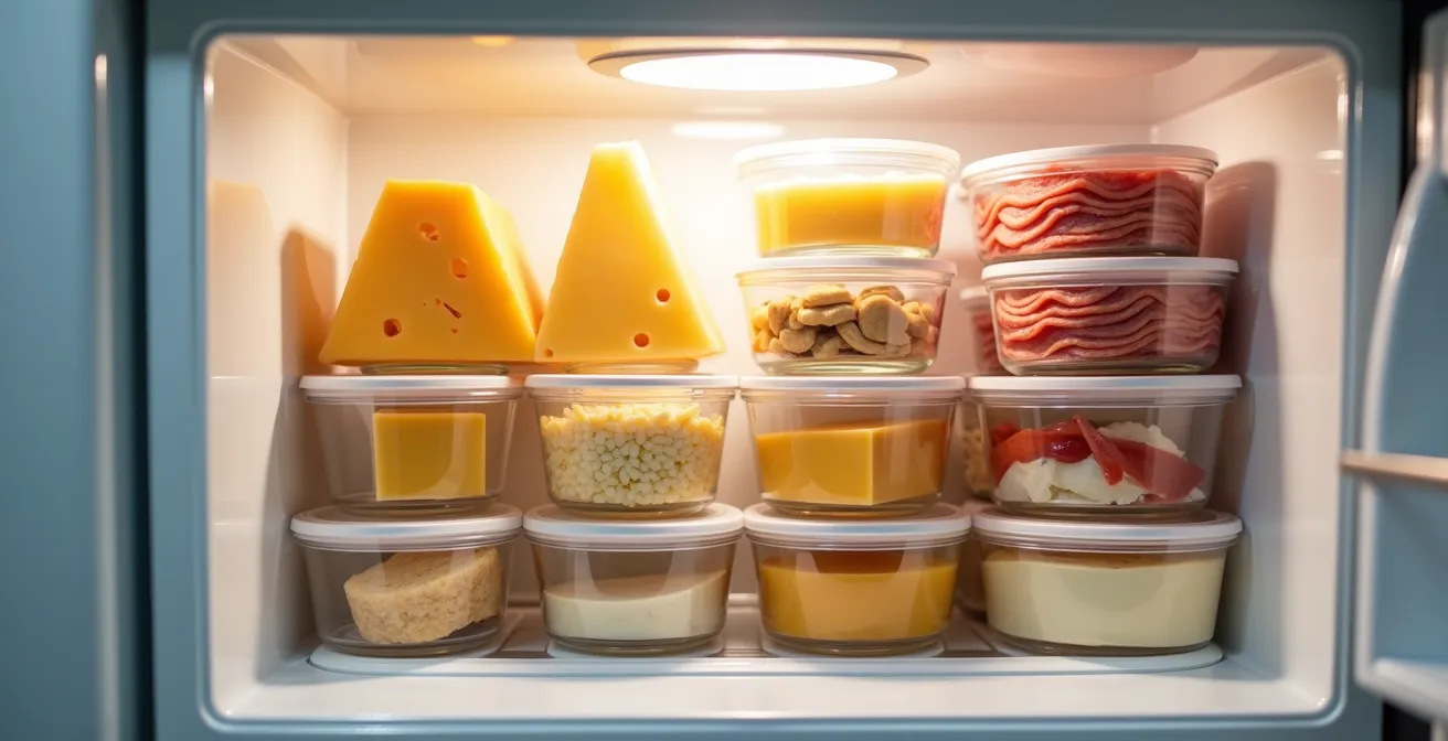 Vista dall'alto di un piccolo frigorifero da camper con formaggi e salumi organizzati in contenitori separati