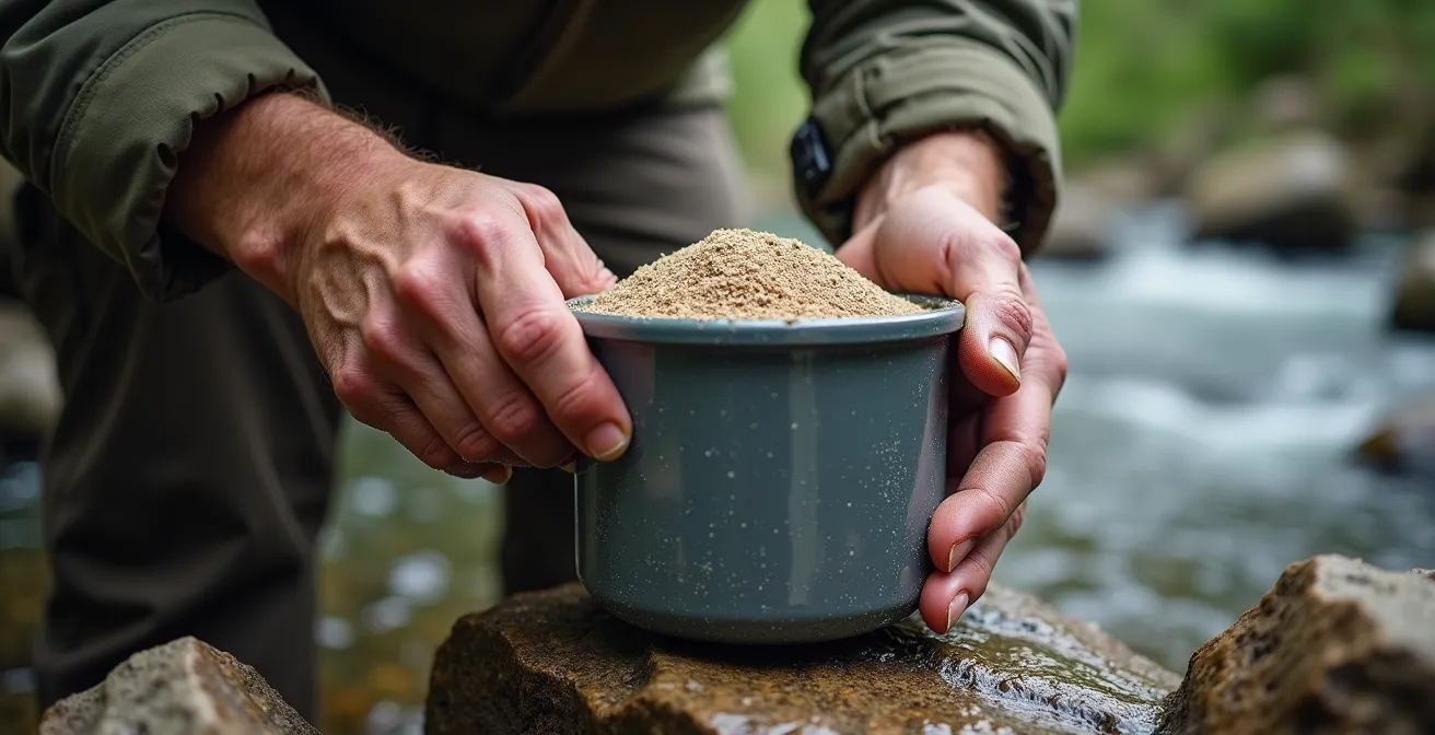 Mani che puliscono una pentola anodizzata con sabbia fine vicino a un ruscello di montagna