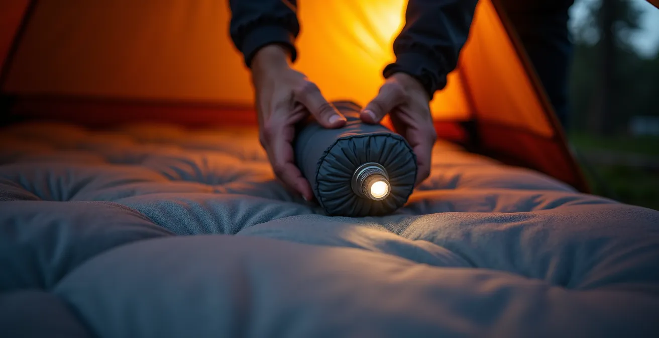 Mani che utilizzano una sacca di gonfiaggio per localizzare un foro su materassino autogonfiante