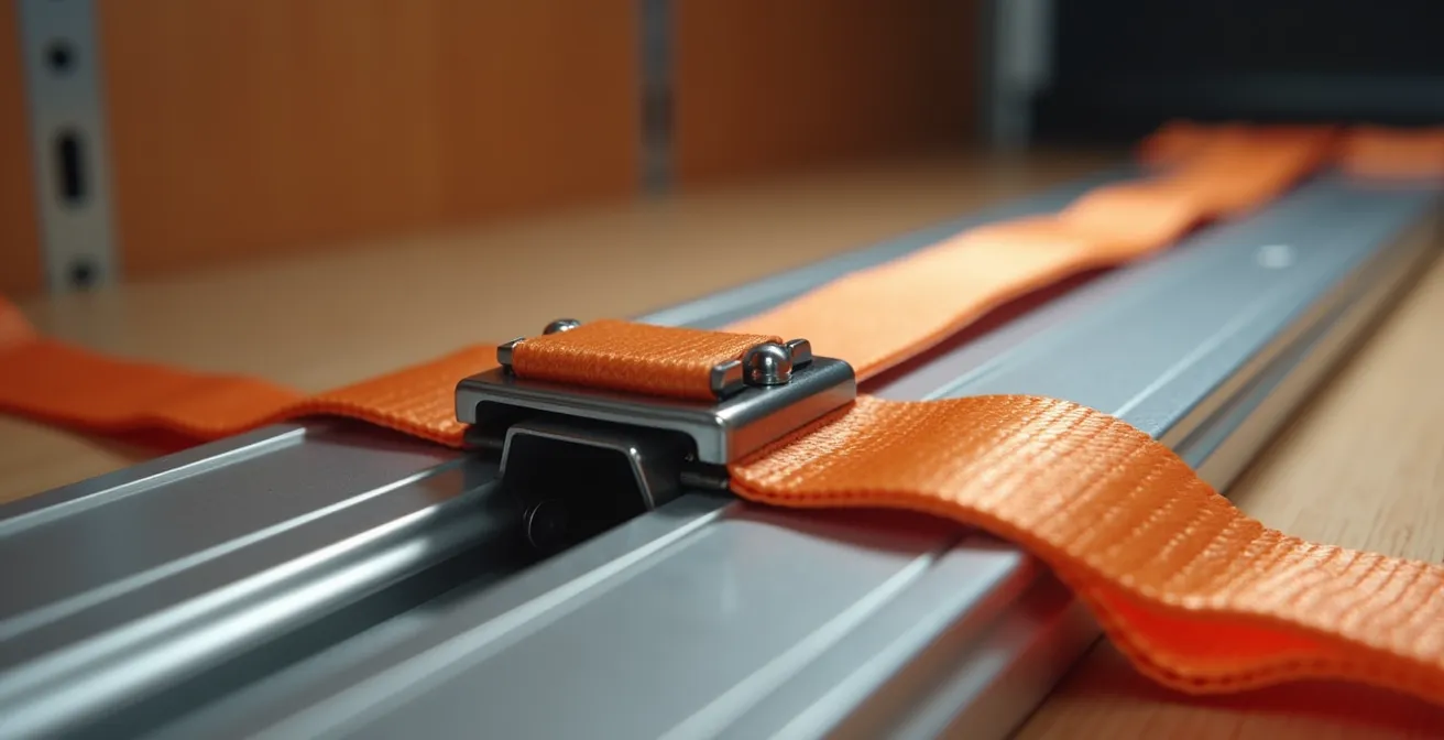 Sistema di ancoraggio con cinghie a cricchetto per mobili amovibili in van