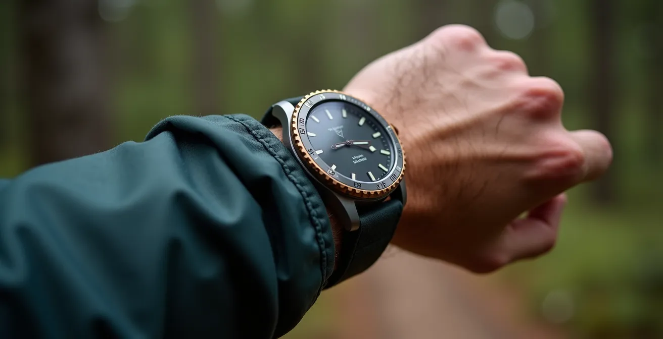 Smartwatch al polso di un escursionista che vibra per segnalare una svolta sul sentiero