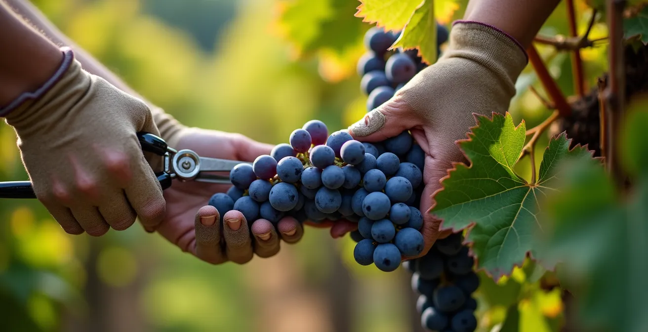 Gruppo di turisti che partecipa a una vendemmia didattica guidata con istruttore